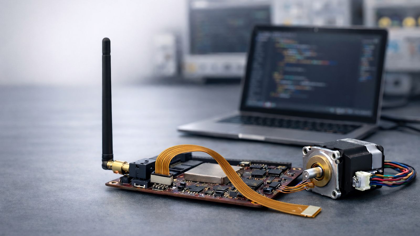 Close-up of a circuit board prototype with an antenna and stepper motor on a desk, with a laptop showing code blurred in the background