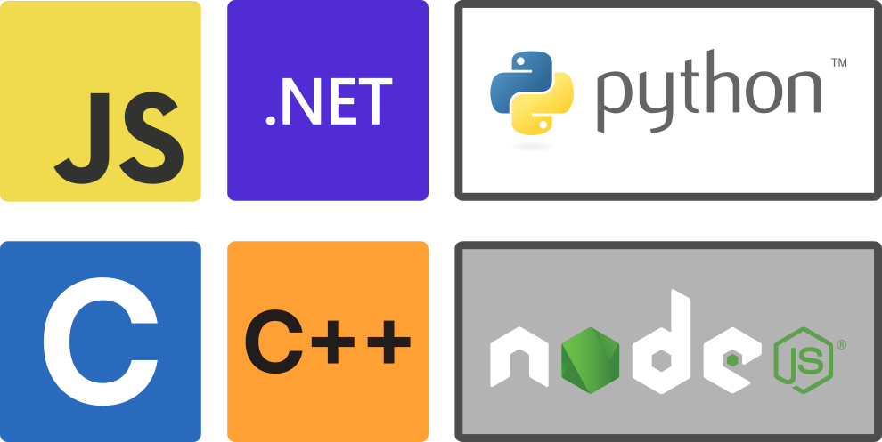 Software stack logos (JavaScript, .NET, Python, C, C++ and Node.js)